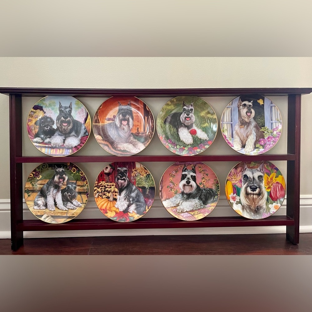 Danbury Mint Decorative Schnauzer Dog Plates Set with Display Rack